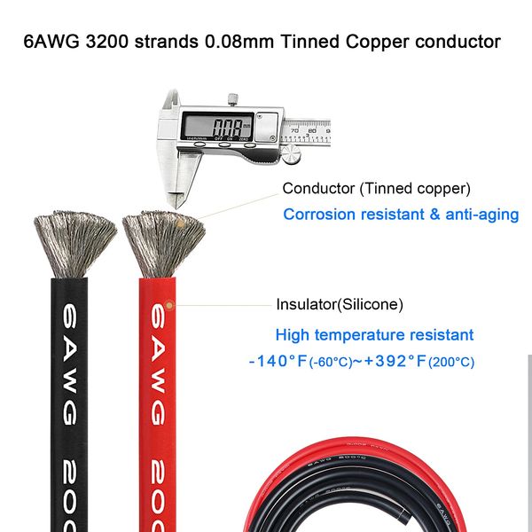 Дріт силіконовий 6 AWG - 16 мм2 (3200х0,08) червоний, чорний SIL-6AWG фото